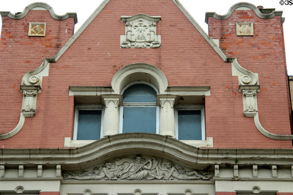 Pediment detail of Sharman D. Neill Building (1903) (36-38 Donegall Place). Belfast, Northern Ireland.