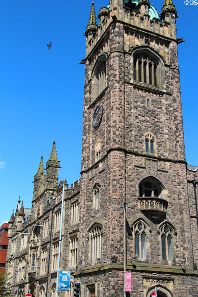 Gothic clock tower details of Presbyterian Assembly. Belfast, Northern Ireland.