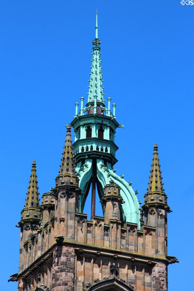 Spires atop Presbyterian Assembly tower with Scottish style crown. Belfast, Northern Ireland.