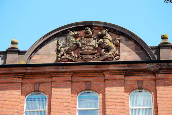 Coat of arms of city of Belfast atop heritage building. Belfast, Northern Ireland.