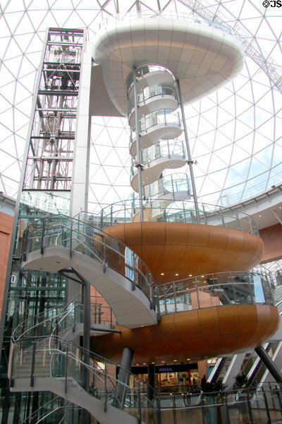 Interior of dome over Victoria Square (2008) shopping center. Belfast, Northern Ireland. Architect: Building Design Partnership & T+T Design.