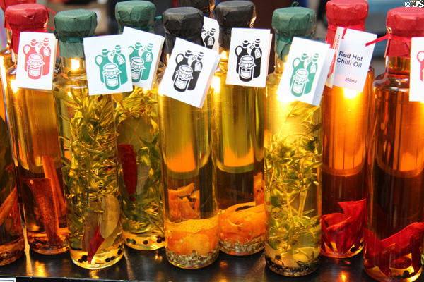 Flavored oils at St George's Market. Belfast, Northern Ireland.