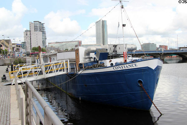 Belfast Barge maritime museum on converted Dutch ship Confiance on Lagan River. Belfast, Northern Ireland.