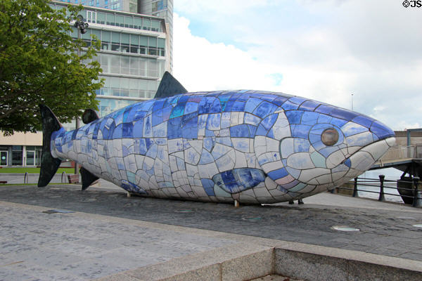 Big Fish ceramic mosaic sculpture (1999) (10m long) by John Kindness at Donegall Quay. Belfast, Northern Ireland.