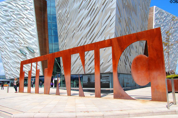 Cutout Titanic sign before Titanic Belfast building. Belfast, Northern Ireland.