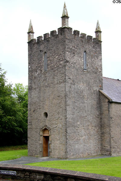 Square bell tower of Church of Ireland (1790) from Carnacally at Ulster Folk Park. Belfast, Northern Ireland.