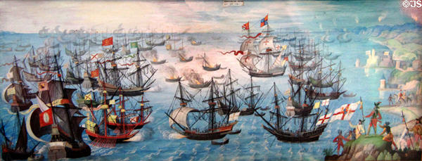 Spanish Armada off coast of England painting (c1600) by unknown Netherlandish artist VHE after which some Armada ships fled via North Coast of Ireland where at least 24 were wrecked at Ulster Museum. Belfast, Northern Ireland.