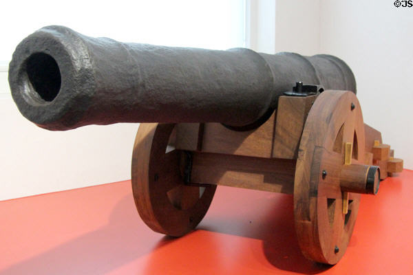 Iron cannon from grounding (1588) of Spanish Armada ship Duquesa Santa Ana at Loughros Mor Bay in County Donegal, Ireland on replica carriage at Ulster Museum. Belfast, Northern Ireland.