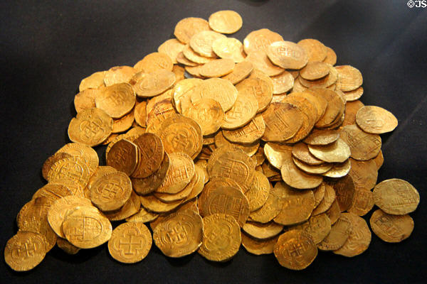 Gold coins recovered from wreck (1588) of Spanish Armada ship off coast of Ireland at Ulster Museum. Belfast, Northern Ireland.