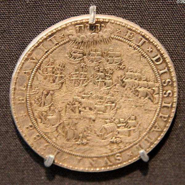 Dutch silver medal (1588) celebrating defeat of Spanish Armada at Ulster Museum. Belfast, Northern Ireland.