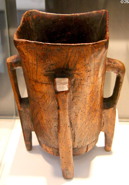 Wooden Irish mether (1400-1700) with four handles to pass drink from hand to hand during feasting from County Armagh at Ulster Museum. Belfast, Northern Ireland.