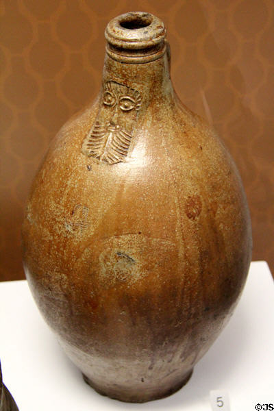 Bartman jug from Cologne, Germany used in alcohol trade into Gaelic Ireland at Ulster Museum. Belfast, Northern Ireland.