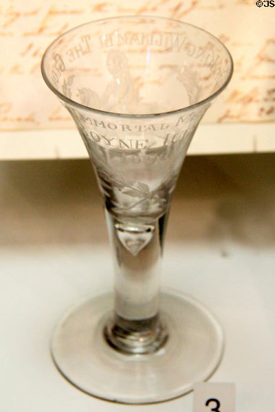 Williamite drinking glass (1700s) to toast King William III at Ulster Museum. Belfast, Northern Ireland.