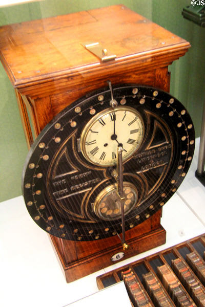 The 'Dey' time register (1800s) for workers to clock in & out at Ulster Museum. Belfast, Northern Ireland.