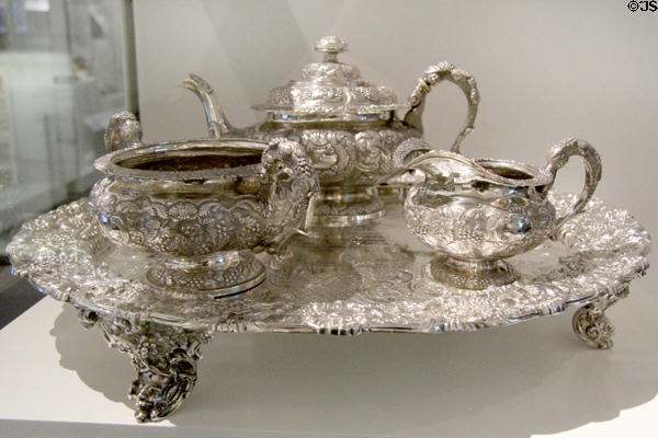 Silver tea service (1800s) presented to Reverend Henry Montgomery of Belfast at Ulster Museum. Belfast, Northern Ireland.