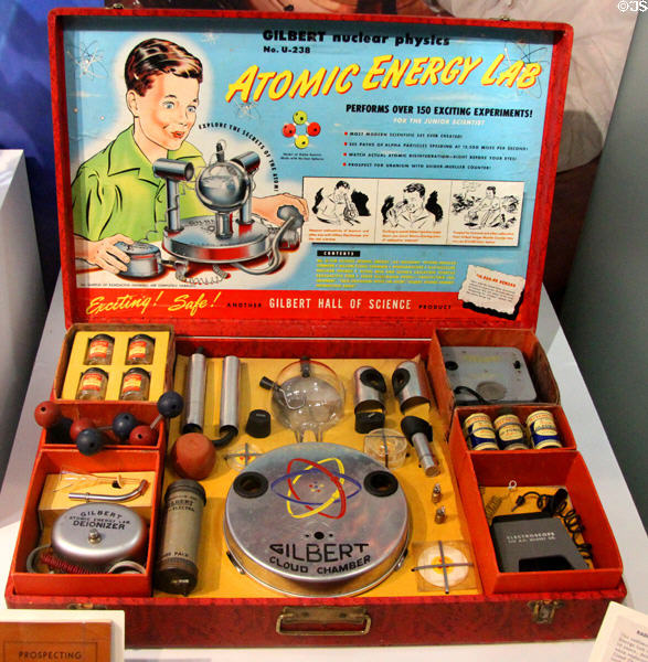 Gilbert-238 Atomic Energy Lab toy (1951) with real radioactive sample & Geiger counter at Ulster Museum. Belfast, Northern Ireland.