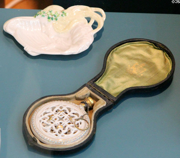 Porcelain Art Nouveau butter dish (1891-1926) & scent bottle in case (1863-90) by Belleek at Ulster Museum. Belfast, Northern Ireland.