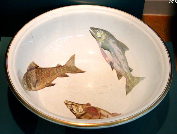 Earthenware bowl with fish print (1863-90) by Belleek at Ulster Museum. Belfast, Northern Ireland.