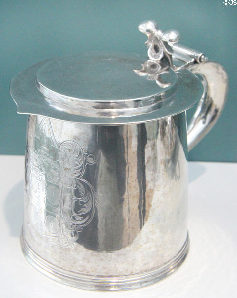 Silver engraved tankard (1706) by David King of Dublin at Ulster Museum. Belfast, Northern Ireland.