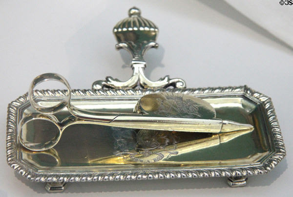 Silver snuffer tray (c1722) by David Willaume & snuffer (1722) by Augustin Courtauld both of London at Ulster Museum. Belfast, Northern Ireland.