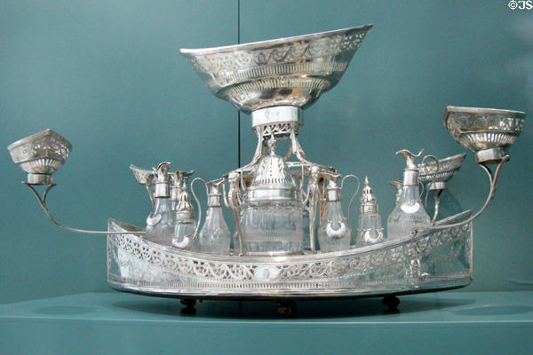 Silver epergne with cruets (1790) made in Dublin at Ulster Museum. Belfast, Northern Ireland.