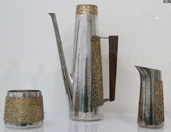 Silver coffee service with gilded textured surface (1970) by Stuart Devlin at Ulster Museum. Belfast, Northern Ireland.