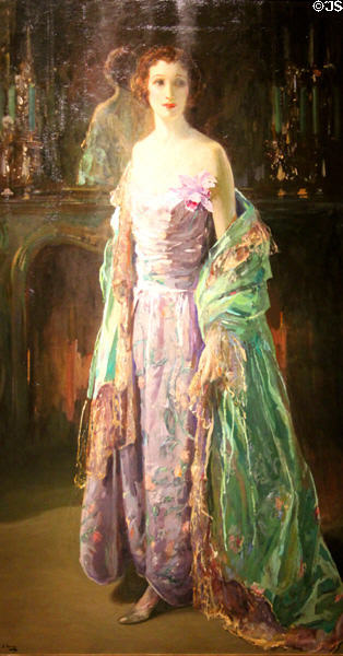 The Green Coat painting of Hazel Martyn (1926) by Sir John Lavery at Ulster Museum. Belfast, Northern Ireland.
