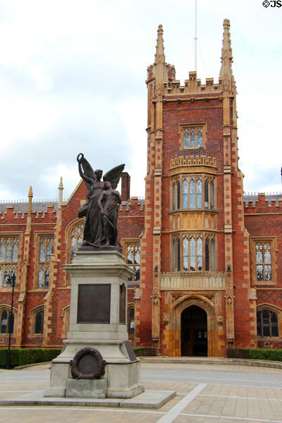 World War memorial in front of Lanyon Building (1849) at Queen's University Belfast. Belfast, Northern Ireland.