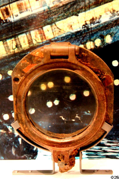Porthole salvaged from wreck of Titanic at Ulster Transport Museum. Belfast, Northern Ireland.