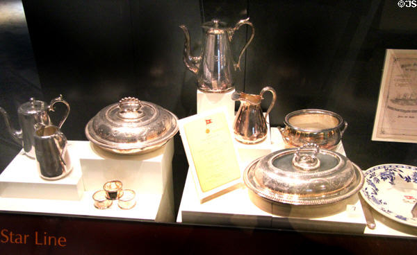 White Star line silver serving pieces at Ulster Transport Museum. Belfast, Northern Ireland.