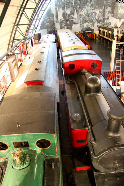 Locomotives seen from overhead at Ulster Transport Museum. Belfast, Northern Ireland.