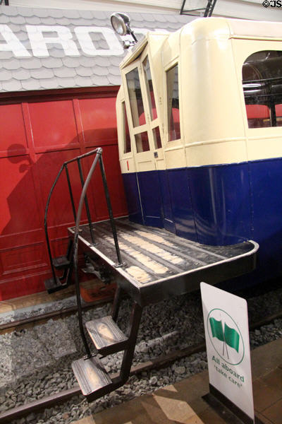 Rear boarding platform of Great Northern Railways (Ireland) railbus no. 1 (1950) converted from rubber tires to run on rails at Ulster Transport Museum. Belfast, Northern Ireland.