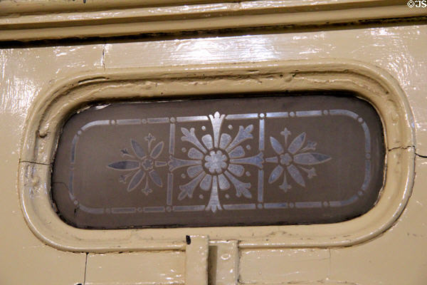 Etched window on County Donegall Railway Joint Committee on carriage no. 1 at Ulster Transport Museum. Belfast, Northern Ireland.