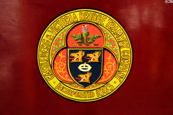 Crest of Castlederg & Victoria Bridge Tramway Company on Carriage no. 4 (1884) at Ulster Transport Museum. Belfast, Northern Ireland.