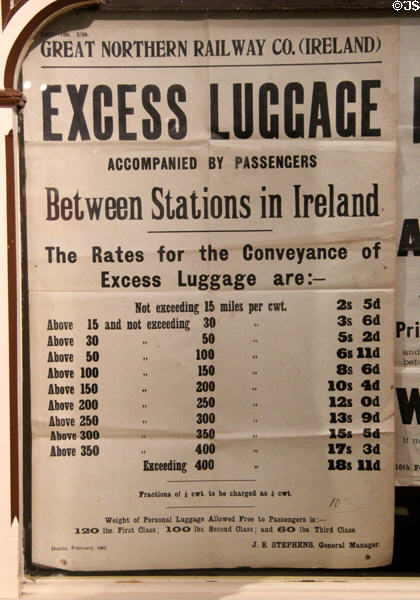 Poster (1927) with excess luggage fees for Great Northern Railway Co. for Ireland at Ulster Transport Museum. Belfast, Northern Ireland.