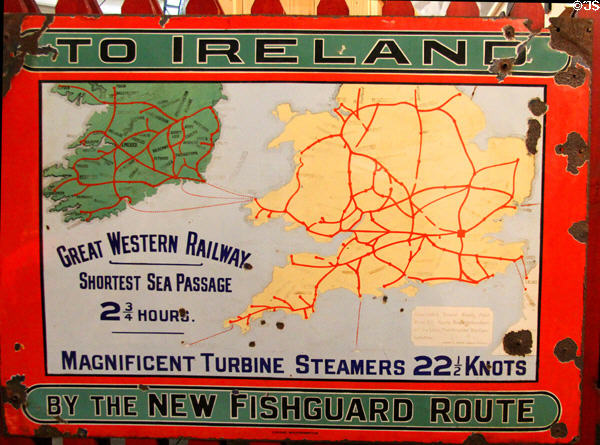 Great Western Railway sea passage route promotion via New Fishguard Route to Ireland plaque at Ulster Transport Museum. Belfast, Northern Ireland.