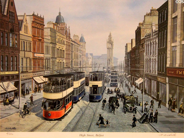 Trams on High Street, Belfast graphic (2016) by Norman Whitla at Ulster Transport Museum. Belfast, Northern Ireland.