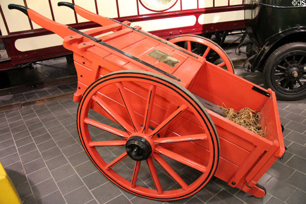 Belfast Corp. dustcart for manual collection of horse dung from city streets (1990s replica) at Ulster Transport Museum. Belfast, Northern Ireland.