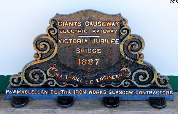 Cast iron Victoria Jubilee Bridge plaque (1887) at Giant's Causeway & Bushmills Railway. Northern Ireland.