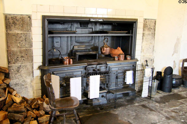 Cast iron wood stove by Richardson & Clingen of Enniskillen in kitchen at Florence Court. Enniskillen, Northern Ireland.