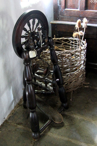 Campbell House flax wheel at Ulster American Folk Park. Omagh, Northern Ireland.