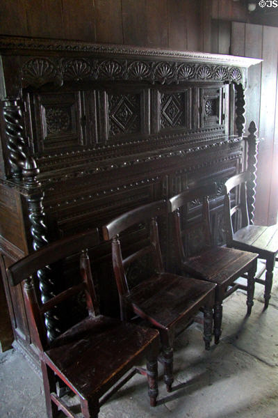 Campbell House carved cabinet & chairs at Ulster American Folk Park. Omagh, Northern Ireland.