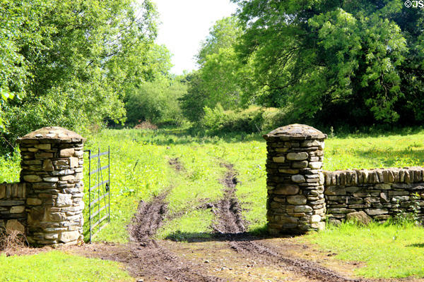 Gate & stone gateposts at Ulster American Folk Park. Omagh, Northern Ireland.