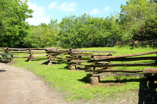 American style split rail fence near Fulton Stone House at Ulster American Folk Park. Omagh, Northern Ireland.