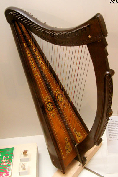 Irish harp (c1948) at Ulster American Folk Park. Omagh, Northern Ireland.