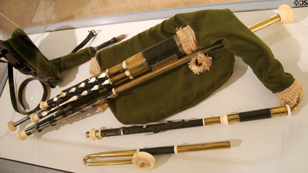 Uilleann bagpipes (mid 1800s) by pipemaker Michael Egan at Ulster American Folk Park. Omagh, Northern Ireland.