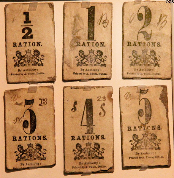 Famine ration cards (c1847) at Ulster American Folk Park. Omagh, Northern Ireland.