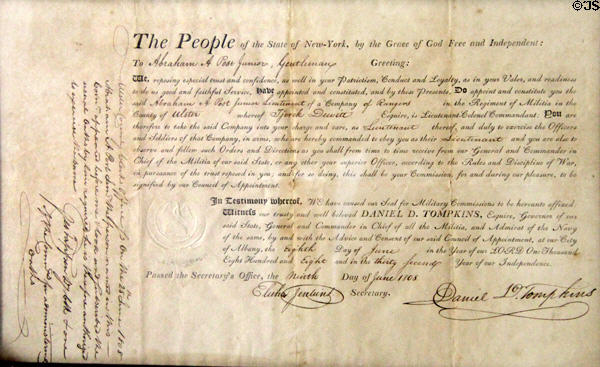 Commission document (1808) into New York state militia for Irish immigrant Lt. Abraham A. Post, Jr. at Ulster American Folk Park. Omagh, Northern Ireland.