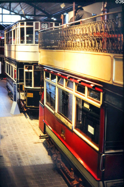 Double deck trams at Ulster Folk & Transport Museum. Northern Ireland.