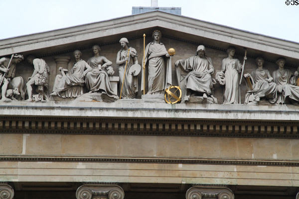 Pediment (1852) depicting Rise of Civilization over main entrance of British Museum. London, United Kingdom.